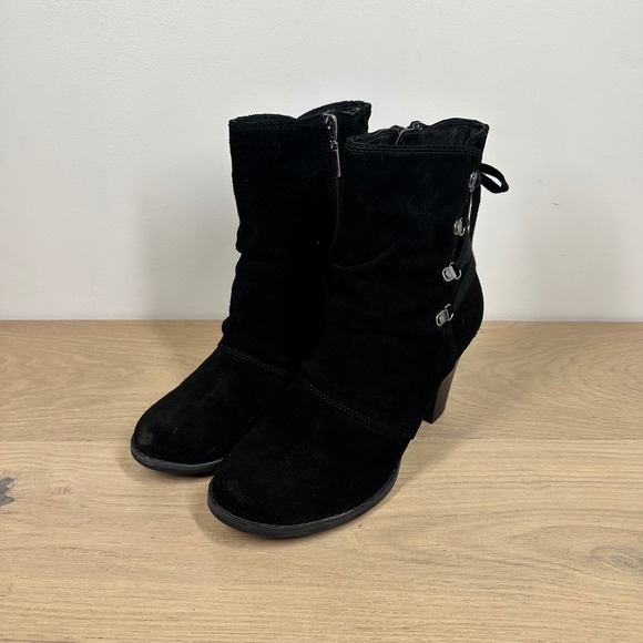 Clarks Shoes - Clarks Ankle Boots Womens 8 Black Leather Lace Up Block Heel Moto Western